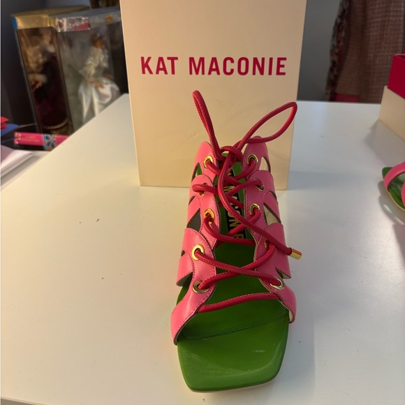 Iconic Kat Maconie pink and green Nappa leather Sandals with 2” heels. - Picture 5 of 10